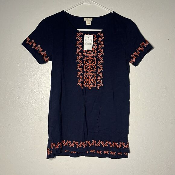 J Crew Embroidered Blouse Shirt Size XS Blue Orange Details Short Sleeve NWT $50 - Picture 1 of 10